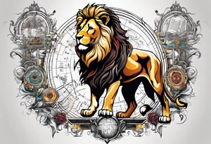 heraldic lion surrounded by scientific formulas tattoo idea