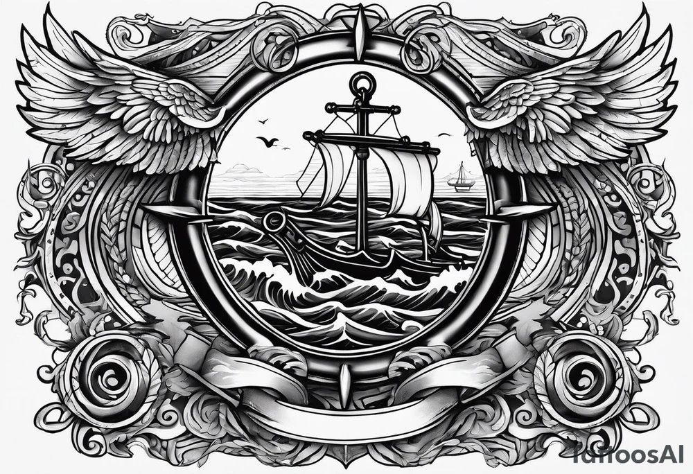 a ship anchor with a large S through the anchor and angle wings on the left and right side. ocean waves in the background tattoo idea