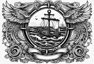a ship anchor with a large S through the anchor and angle wings on the left and right side. ocean waves in the background tattoo idea