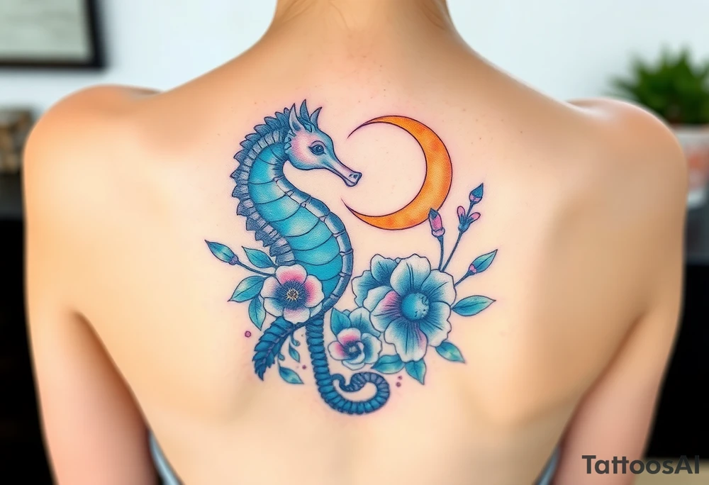 Sea horse flowers moon and waves tattoo idea