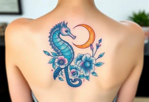 Sea horse flowers moon and waves tattoo idea