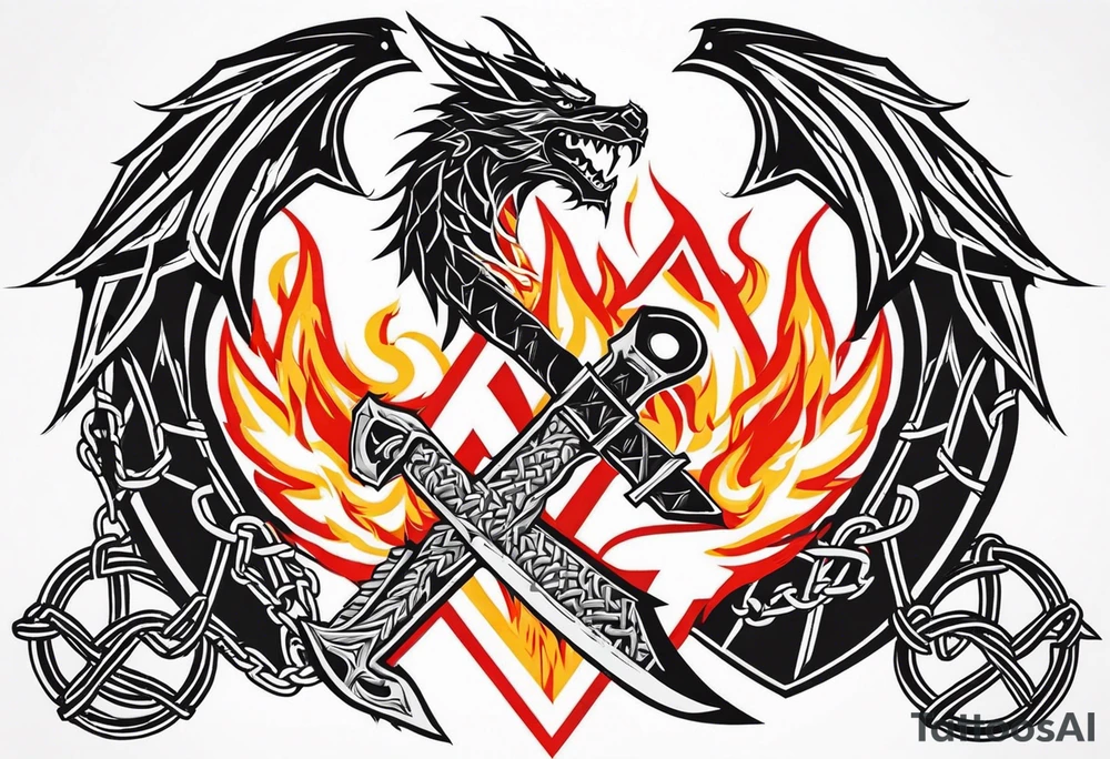 Valhalla sword shield dragon axe Valknut barbed wire chains fire tattoo idea Valhalla sword shield dragon axe Valknut barbed wire chains fire tattoo idea