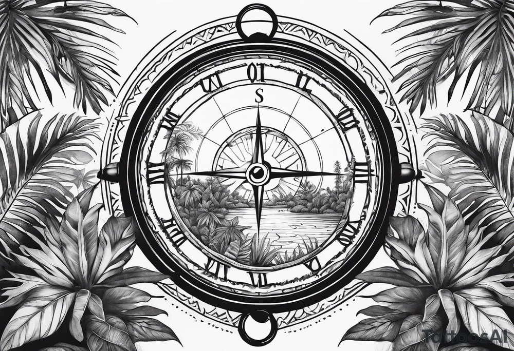 sleeve tattoo with jungle plants, compass, all-seeing eye tattoo idea