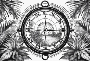 sleeve tattoo with jungle plants, compass, all-seeing eye tattoo idea
