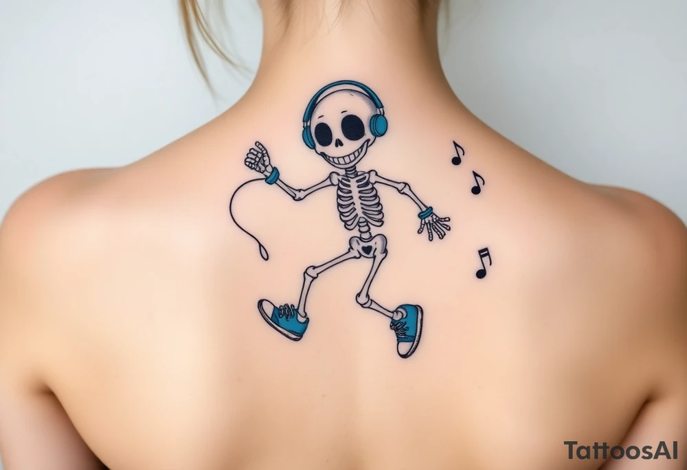 Cute smiling skeleton jumping on a jump rope with blue headphone and blue tennis shoes and blue armbands with nice  music notes tattoo idea
