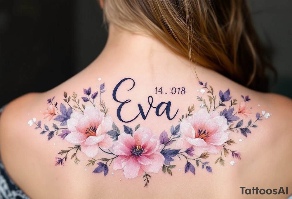 Eva 14. 08. 2019 – Lavender and soft peach blooms encircling Eva's birthdate, with silver glitter accents sprinkled throughout. tattoo idea