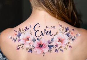 Eva 14. 08. 2019 – Lavender and soft peach blooms encircling Eva's birthdate, with silver glitter accents sprinkled throughout. tattoo idea