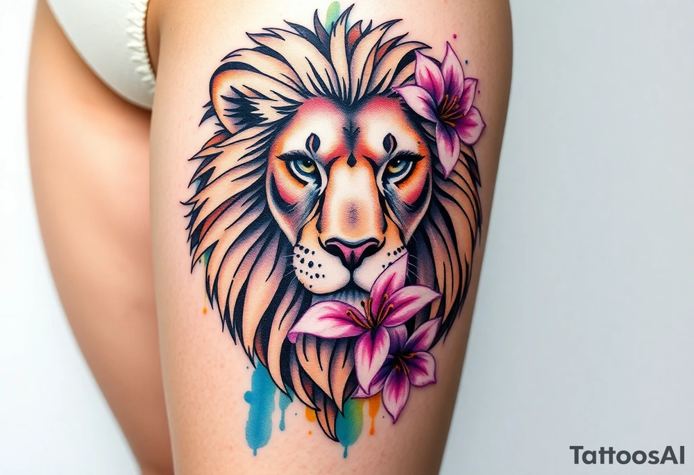 Lion with larkspur and water lilies tattoo idea