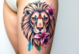 Lion with larkspur and water lilies tattoo idea