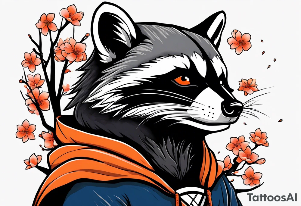 Raccoon wearing a white Superman logo on a black hoodie and orange Japanese cherry blossoms tattoo idea