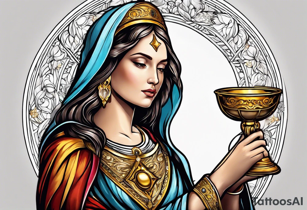 holy saint woman with golden halo holding a chalice tattoo idea