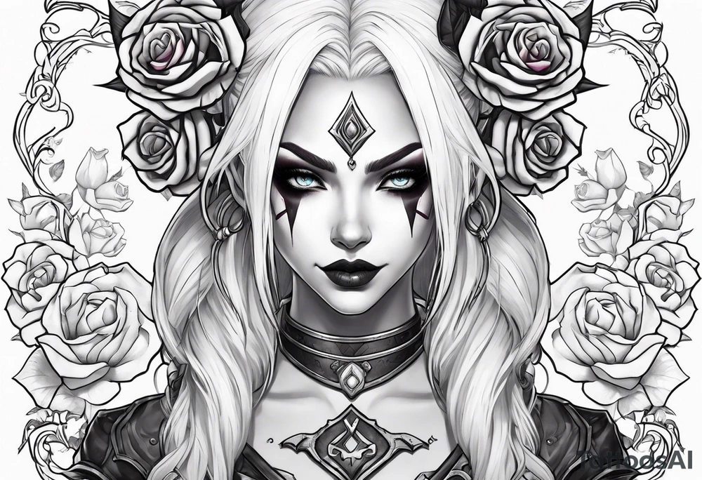 night elf from world of warcraft designed like harley quin with white hair and roses tattoo idea