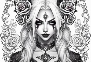 night elf from world of warcraft designed like harley quin with white hair and roses tattoo idea