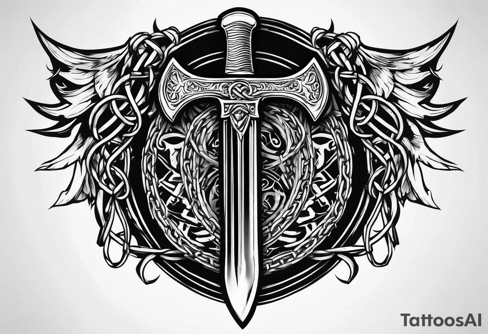 Valhalla sword round shield axe barbed wire chains dark cloud tattoo idea