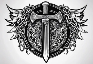 Valhalla sword round shield axe barbed wire chains dark cloud tattoo idea