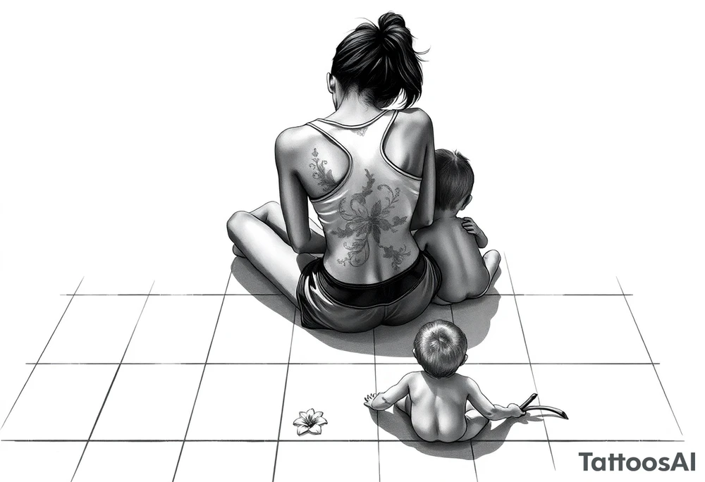 a tile floor with a realistic silhouette of the back of a thin woman sitting curled on the tile floor and the shadow of a young child sitting next to her with a lily next to them on the floor. The woman is wearing a Racerback tank top, running shorts, has dark hair pulled up high, and her head is down. tattoo idea