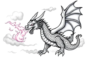 fierce dragon breathing iridescent fire against stormy skies tattoo idea