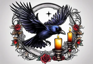 Gothic raven flying holding a candle with a star lite backgeound tattoo idea