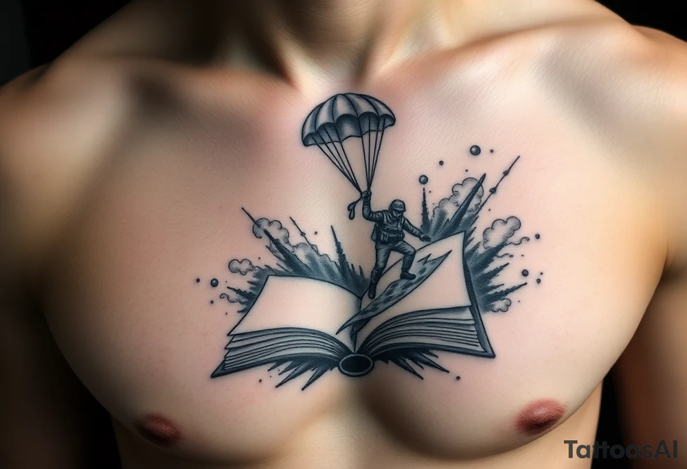 A parachuting soldier landing into an open book. Chaos surrounding, but the book is protecting the soldier from it. On the chest. Make the tattoo smaller. Make it thought provoking. Make the chaos in the environment be an eerie mist. Make the pages in the book be blank. Just one soldier, no other characters. the book is old. tattoo idea