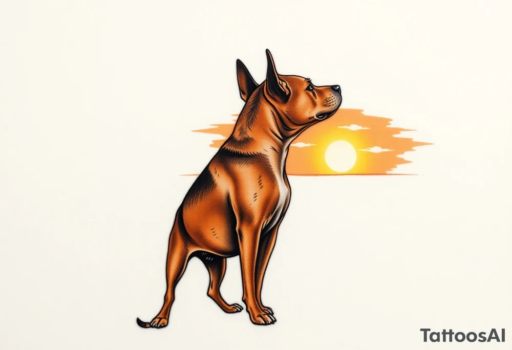 a meryle australian cattle dog and a tan pitbull standing looking out over into the sunset tattoo idea