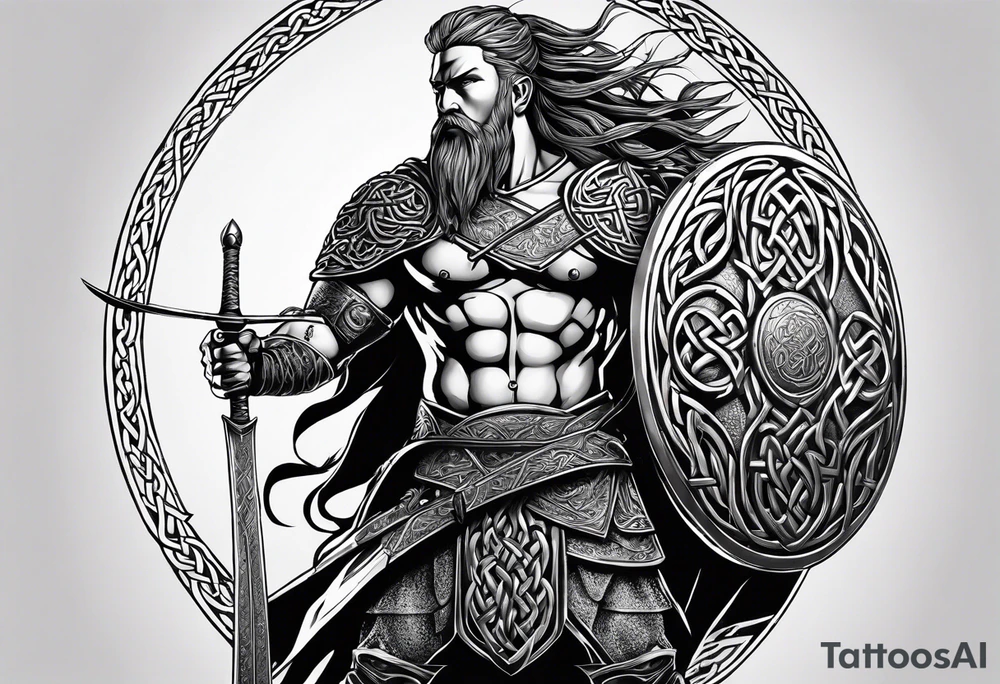 Side facing full body shot of Celtic warrior with weapon unsheathed. tattoo idea
