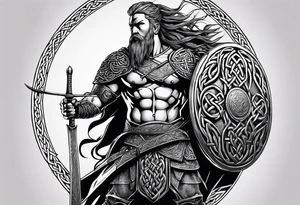 Side facing full body shot of Celtic warrior with weapon unsheathed. tattoo idea