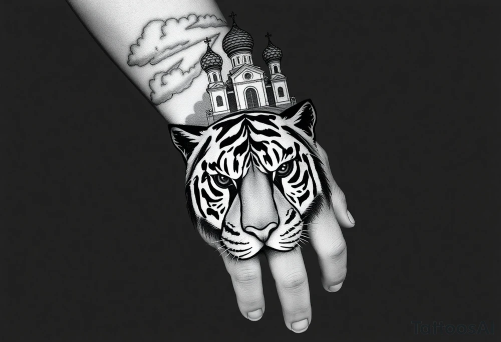 Realistic tiger face on the back of the hand with its eyes ALL black and no pupils, sitting beneath a Russian Orthodox cathedral sitting above on the top fore arm with onion domes and orthodox crosses. with clouds above and a virgin mary tattoo idea
