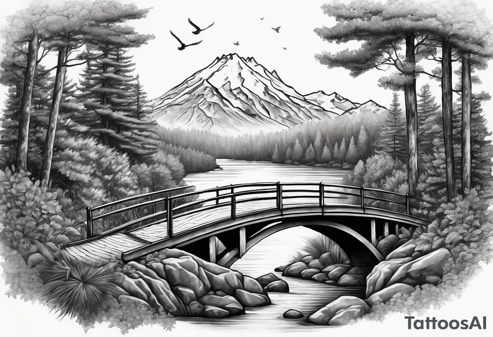 Gravel bike, going down mountain in-between trees, over a bridge with a river and some birds in the background tattoo idea