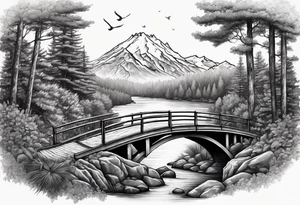 Gravel bike, going down mountain in-between trees, over a bridge with a river and some birds in the background tattoo idea