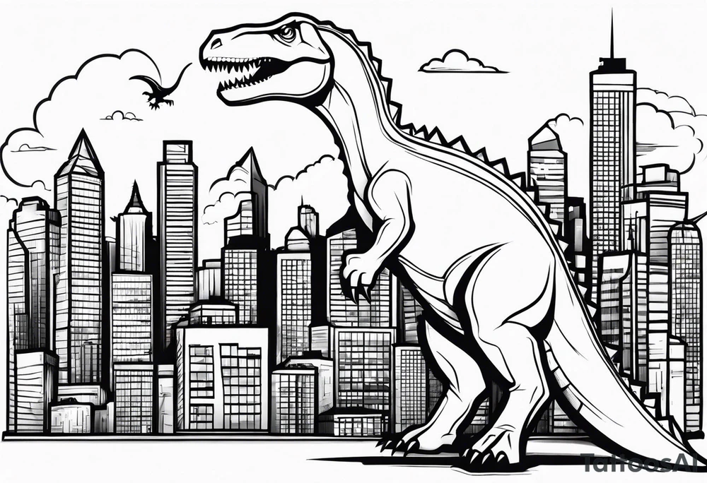 dinosaur destroying city tattoo idea