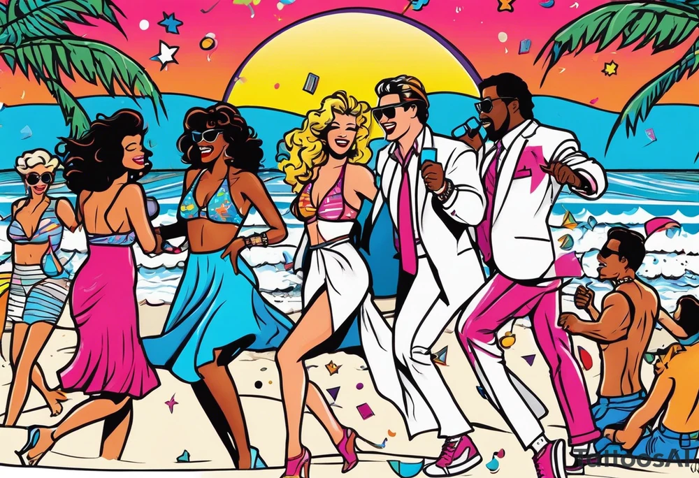 1980's miami vice style beach dance 
party, include confetti, music notes, boom box, bikinis sunset in the center tattoo idea