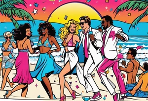 1980's miami vice style beach dance 
party, include confetti, music notes, boom box, bikinis sunset in the center tattoo idea