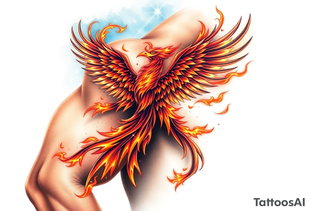 Powerful Phoenix feminine energy flames from within at night with stars planets and nebula tattoo idea