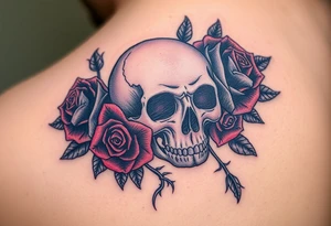 A gothic skull entwined with dark roses, with red highlights and silver thorns, symbolizing eternal love through life's battles tattoo idea