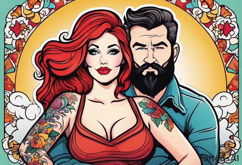 Busty Red haired woman with black haired bearded man tattoo idea