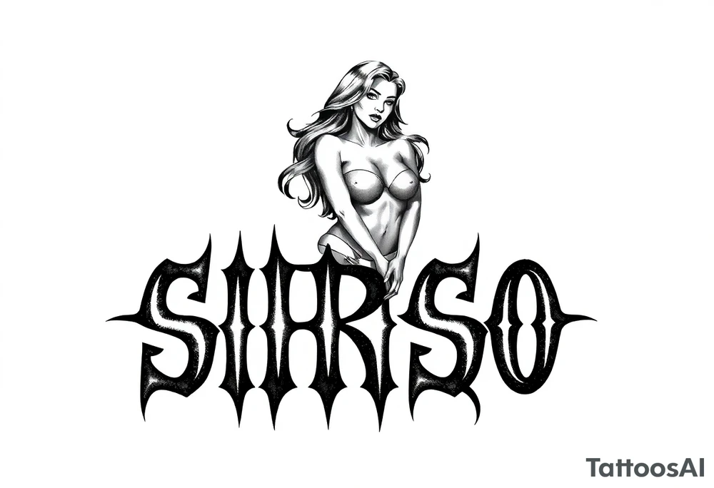 Abstract Tribal font saying “SIRISO” with all letters close together and the S in SIRISO connected to the O and a silloute of a sexy Latina woman on top of the words tattoo idea