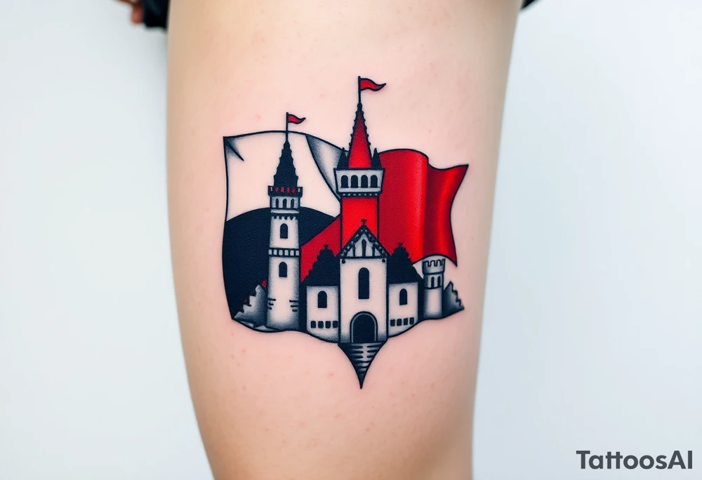 A typical blue, white, red Czech flag waving behind a medieval castle tattoo idea