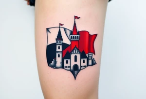 A typical blue, white, red Czech flag waving behind a medieval castle tattoo idea