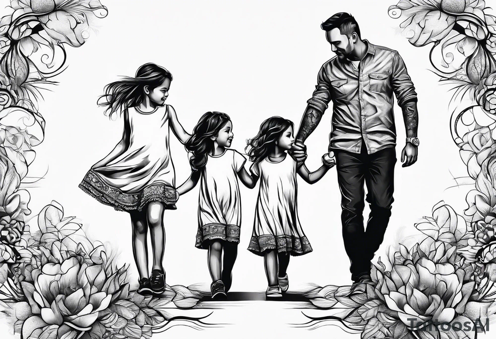Three  Little girls and  dad and holding hands tattoo idea