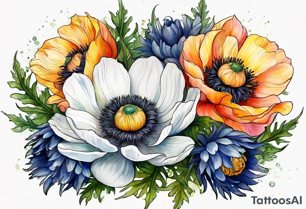 a white anemone with black center with blue thistles, green ferns, ranuculus, yellow sun flowers, red flowers, pink flowers, orange flowers, yellow flowers in watercolor tattoo idea