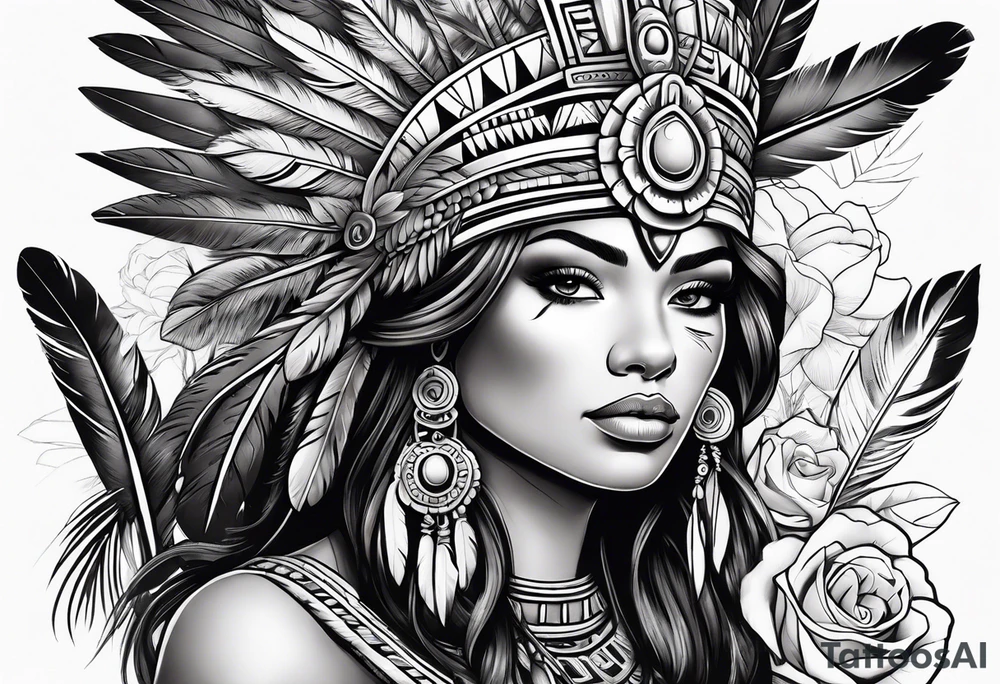 Aztec princess with roses and feathers tattoo idea
