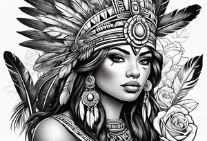 Aztec princess with roses and feathers tattoo idea