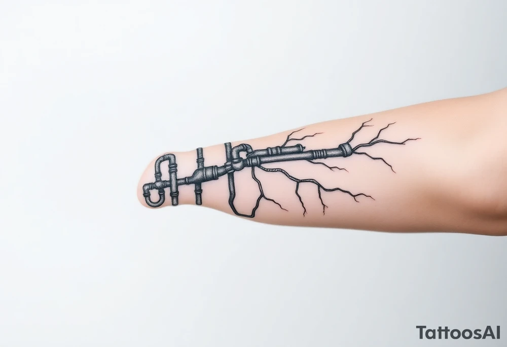 long
System of pipes that transitions into veins of forearm tattoo idea