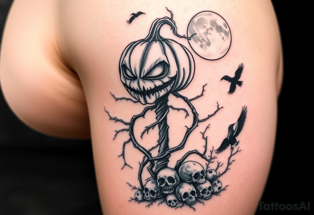powerful wicked pumpkin head sentinel with vine and stick body, surrounded by fog, moon in the upper right background with ravens and skulls at the base tattoo idea