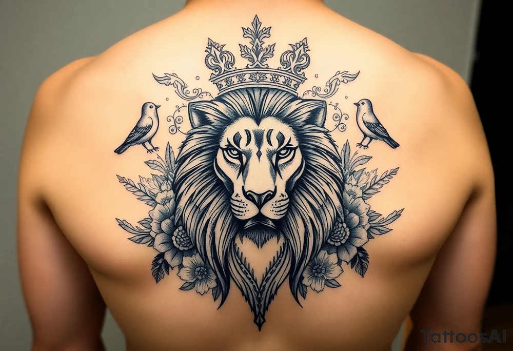 powerful majestic lion with a crown, surrounded by floral ornaments and birds tattoo idea