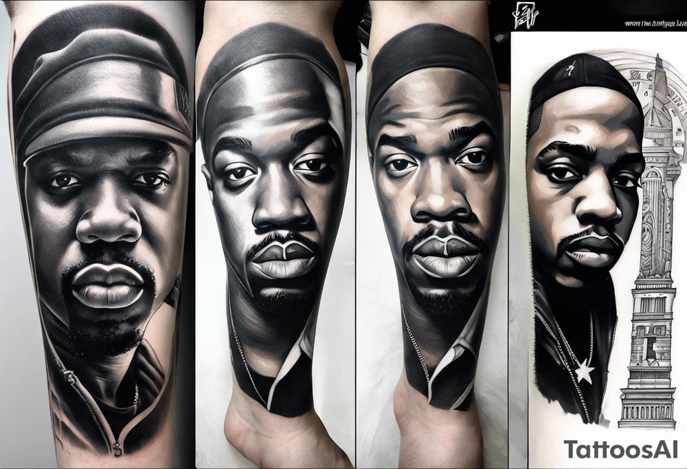 To design a leg sleeve tattoo featuring famous rappers Biggie Smalls, Tupac, Eminem, Dr. Dre, Eazy-E, Ice Cube, along with the LA sign and California Compton theme in black and white shading, follow these steps: tattoo idea