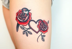 Robin and red rose with infinity heart tattoo idea