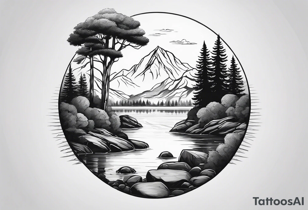 A small forest with a round lake. With a piece of rock in the middle. On the rock there is a gate tattoo idea