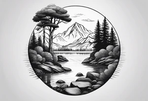 A small forest with a round lake. With a piece of rock in the middle. On the rock there is a gate tattoo idea