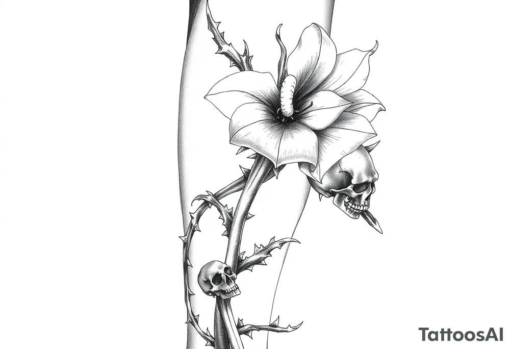 Aconitum flower going up the arm with details gothic style with skulls thorns tribal large tattoo idea